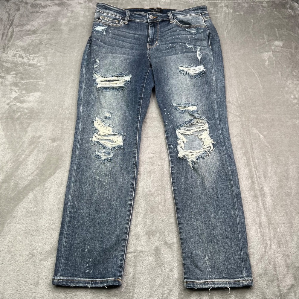 Judy Blue Jeans Womens 31 Blue Boyfriend High Rise Medium Wash Ripped Denim